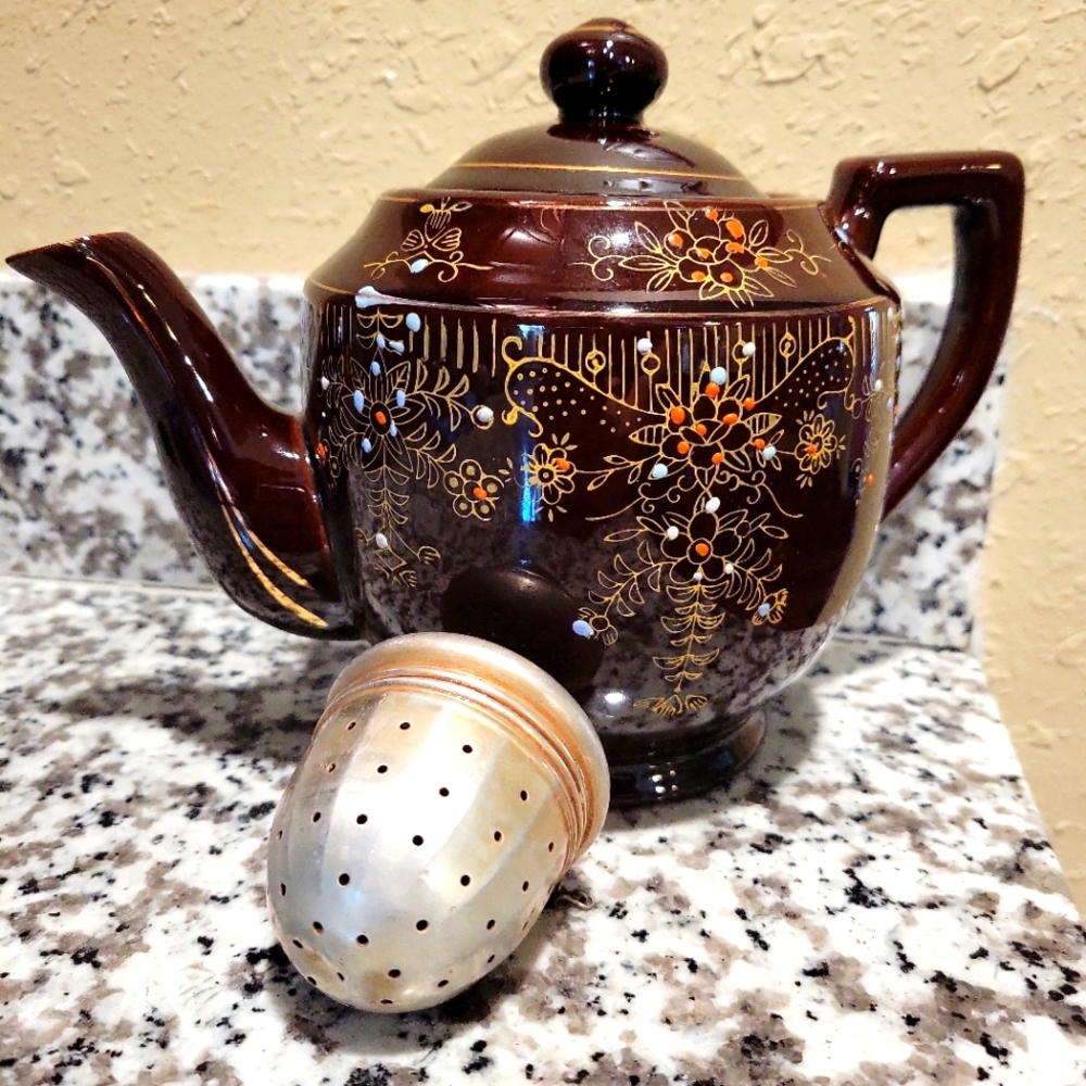 Vintage Floral Signed Moriage Redware Made In Japan Tea Pot with infuser